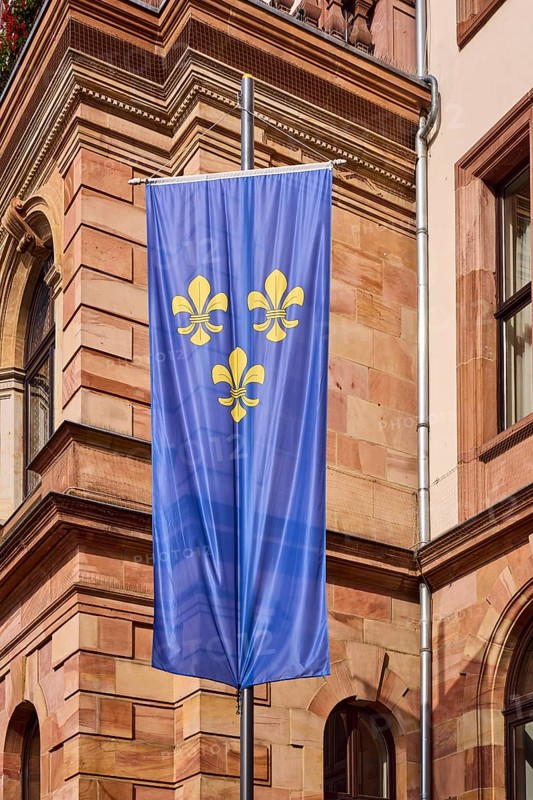 Flag of the city of Wiesbaden, town hall, façade, sandstone building material, architect Georg von Hauberrisser, new renaissance style, diffuse light, slightly sunny, Schlossplatz, Wiesbaden, state capital, district-free city, Hesse, Germany