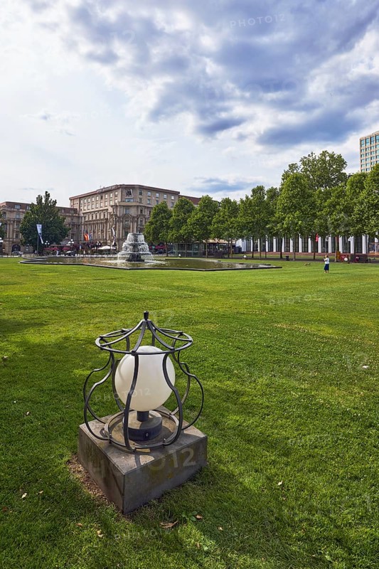 Garden area, lantern, lawn, bowling green, cascade fountain, general architecture, shadow, back light, side light, blue sky, cumulus clouds, nimbostratus clouds, Kurhausplatz, Wiesbaden, state capital, district-free city, Hesse, Germany