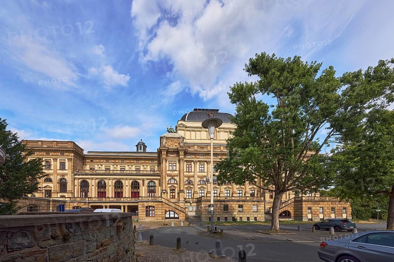 Hessian State Theatre, building, neo-baroque style, architects Ferdinand Fellner the Younger and Hermann Helmer, ballet, theatre, trees, lantern, sandstone wall, blue sky, cumulus clouds, Christian-Zais-Straße, Wiesbaden, state capital, district-free city, Hesse, Germany