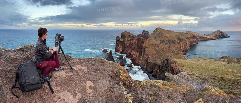 Photographer taking pictures on cliffs, volcanic peninsula, Ponta de São Lourenço, Ponta de Sao Lourenco, rocky coast, Punta de San Lorenzo, Madeira, Portugal