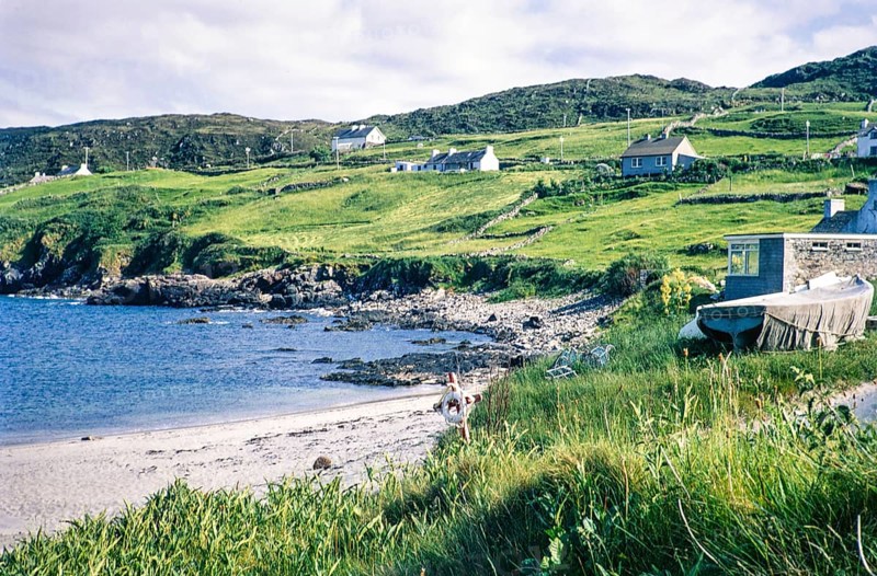 Houses and beach at coastal village of Portnoo, Narin beach, County Donegal, Ireland 1969