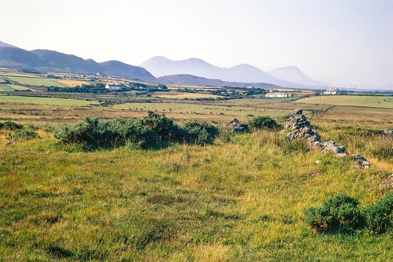 Traditional crofting farming landscape, croft farmhouses in small fields, distant mountains, County Donegal, Ireland 1971