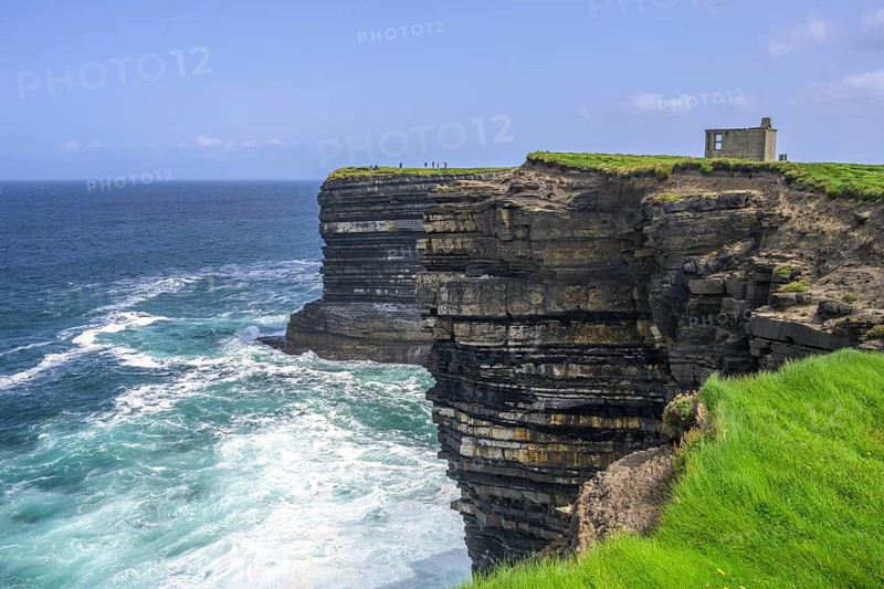 Cliff coast and observation post from World War II at Downpatrick Head, Lackan, County Mayo, Ireland