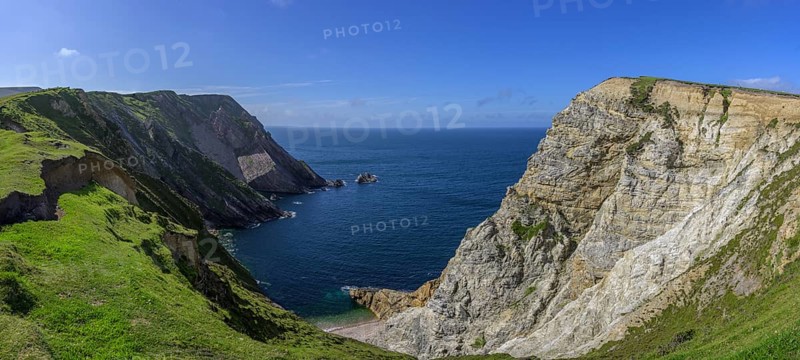 View of blue sea and cliffs from Portacloy Loop Cliff Walk, Muingnabo, County Mayo, Ireland