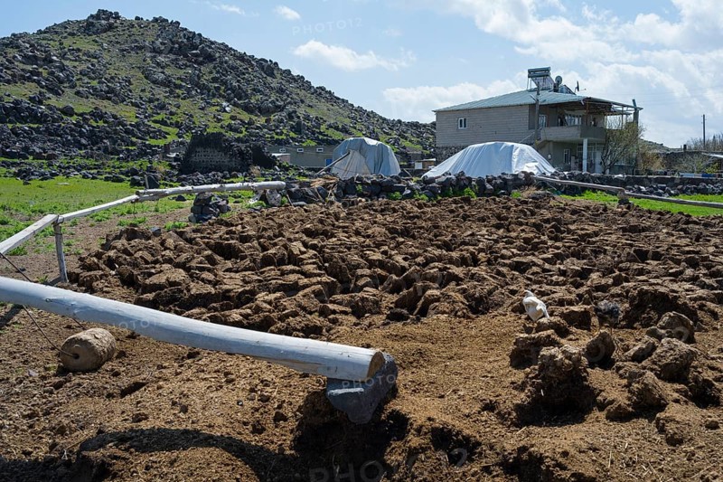 Rural area with hills, rocky soil and farm buildings under blue skies, cow dung to dry, Demirtepe, Dogubayazit, Dogubayazit, Dogubeyazit, Agri Province, Agri, Eastern Anatolia, Anatolia, Turkey