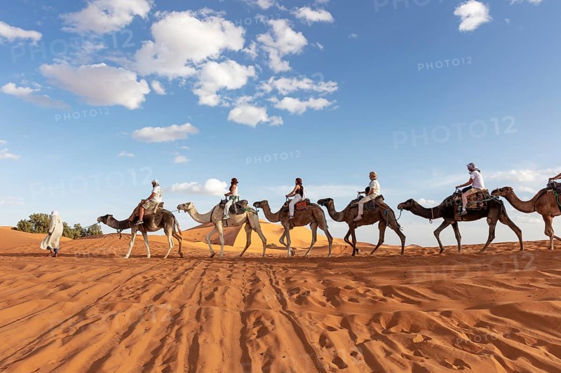 Caravan of camels with riders crossing the sandy desert under cloudy sky, Sahara, Morocco