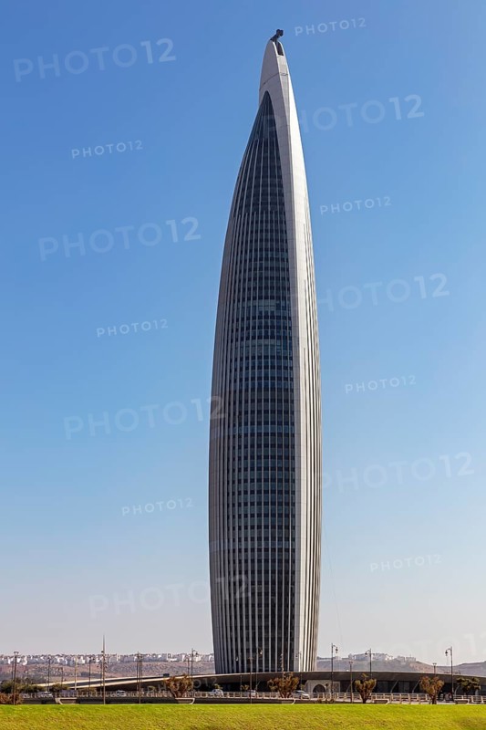 A modern skyscraper rises impressively into the blue sky, Mohammed VI Tower in Rabat in Morocco
