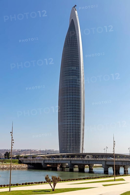 Tall skyscraper against clear sky, modern architectural design, Mohammed VI Tower in Rabat in Morocco