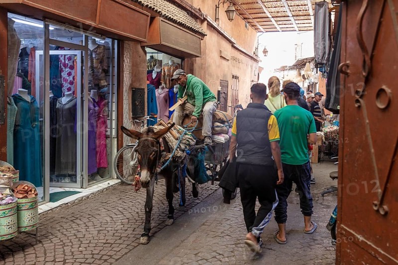 Narrow market street with a donkey loaded with goods, and people shopping