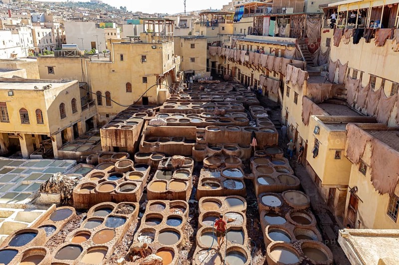 Historic tannery with numerous leather-filled basins in a traditional setting