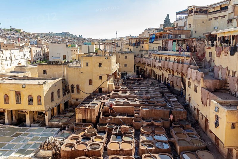 Sunny tannery with numerous basins and traditional architecture