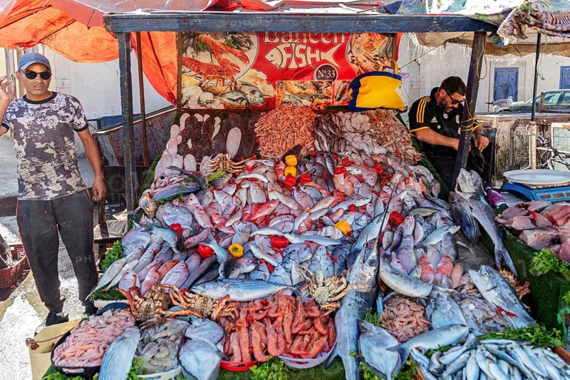 Street market with a variety of fresh seafood
