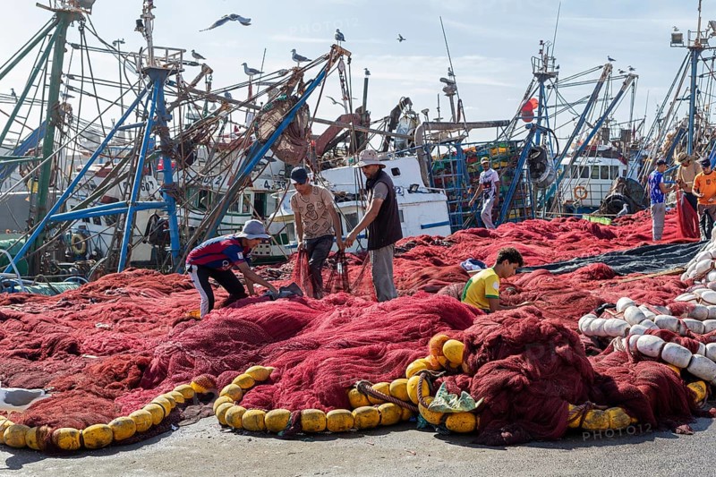 Men work on big red fishing nets, fishing boats in the background and seagulls in the sky