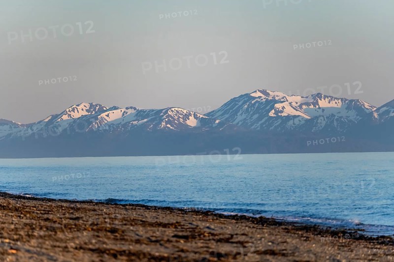 Anchor Point beach on Cook Inlet in the evening light, snowy mountain peaks of the Kenai Peninsula, Anchor River State Recreation Area, Alaska, USA
