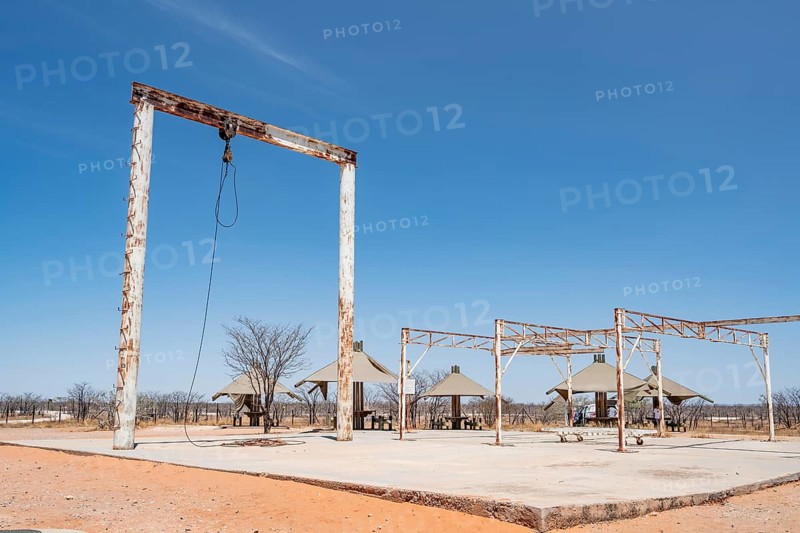 Office for former killing of elephants to combat overpopulations, Olifantsrus Camp, Waterhole, Etosha National Park, Namibia