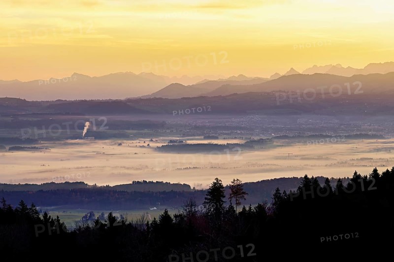 View from Horben of the Reuss Valley covered in fog, behind it the Glarus Alps in the light of the rising sun, Beinwil-Freiamt, Canton, Aargau, Switzerland