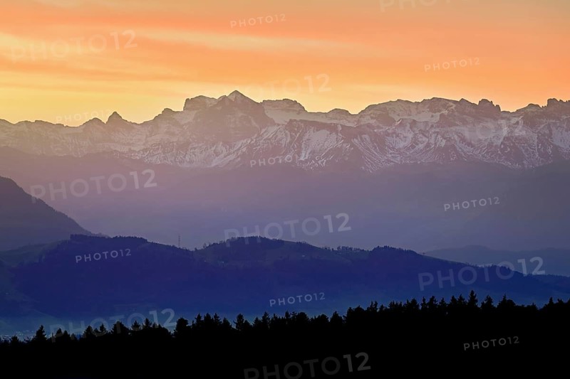 Snow-covered Central Switzerland Alps in the light of dawn, Horben, Beinwil-Freiamt, Canton, Aargau, Switzerland