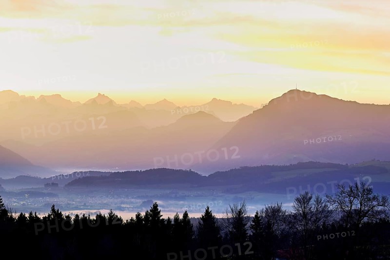 View from Horben of the midlands lying in fog, behind it the Alps with the Rigi, Beinwil-Freiamt, Canton, Aargau, Switzerland