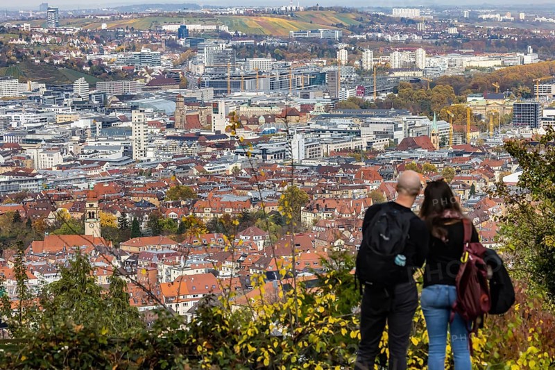 View from Santiago de Chile Square of the city center of the state capital Stuttgart with buildings, architecture and sights. Stuttgart, Baden-Württemberg, Germany