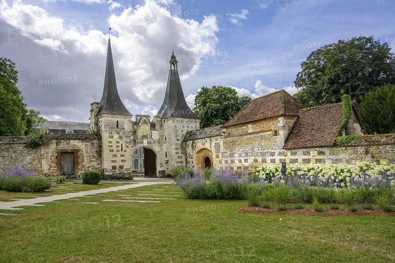 Double tower with entrance gate at the Abbey of, Le Bec-Hellouin, Eure, France
