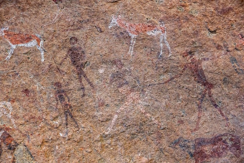 White Lady Rock Painting, White Lady Painting, Depiction of Hunters and Animals, Rock Paintings in Maack's Shelter, Tsisab Gorge, Brandberg, Erongo, Namibia
