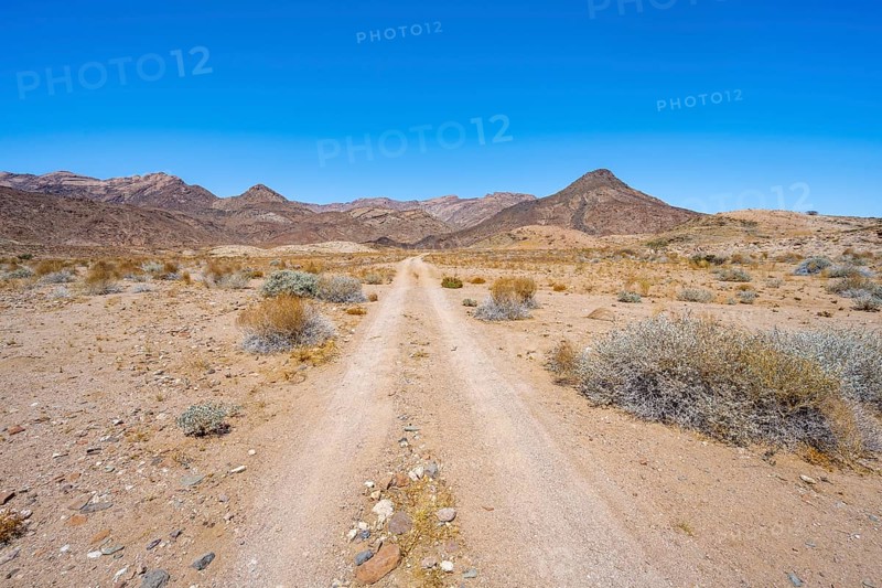 Sandy track through desert landscape with Brandberg, Erongo, Damaraland, Namibia