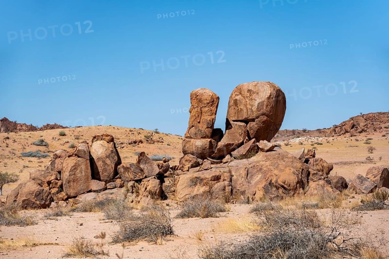Desert landscape, barren landscape with hills of stacked rocks, Brandberg, Erongo, Damaraland, Namibia