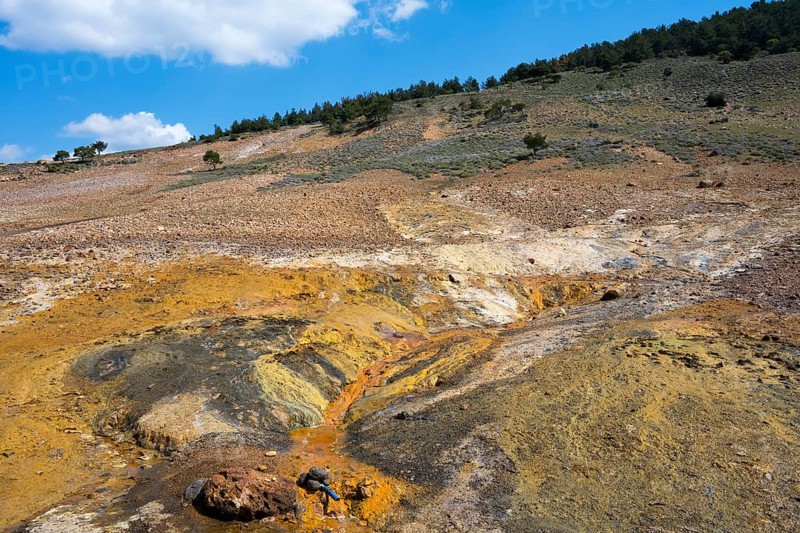 Extensive geological landscape with hills, orange and green areas under blue sky, geothermal area, rainbow rocks Tuzla, Ayvacik, Ayvacik, Çanakkale, Canakkale, Turkey