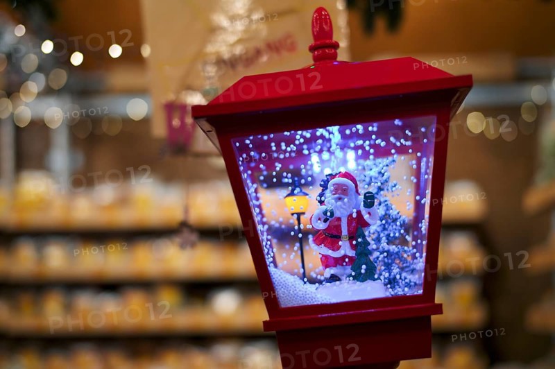 Lantern with Santa Claus in snow, Santa Claus, miniature, toy, decoration, sales stand, Christmas stand, Stuttgart Christmas market, Christmas stand, Christmas market, Stuttgart, Baden-Württemberg, Germany