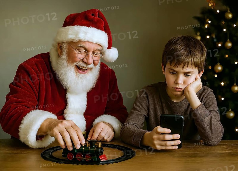 Santa Claus is happily playing with a toy train, a boy looks bored at his cell phone, symbol photo mobile phone, Christmas, gift, Internet, digital media, abuse, boredom, AI generated, AI generated