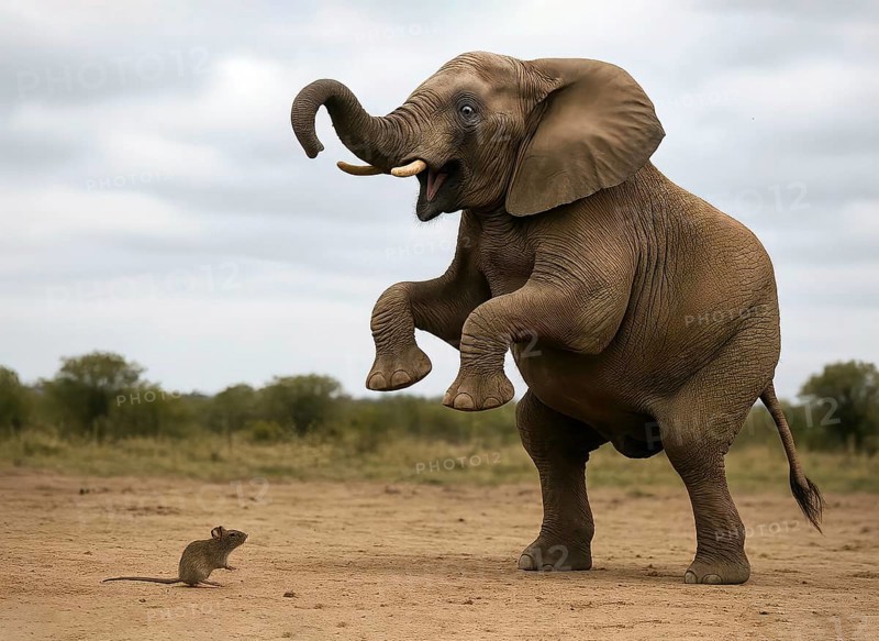 An elephant is startled by a mouse and stands on its hind legs, symbol of fear, panic, fright, fearful, panicked, headless, hectic, AI generated, AI generated