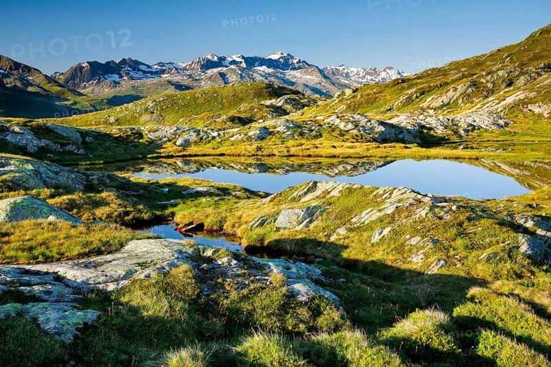 View of the Grimsel Pass with the Ticino Alps and Corno Cieco in the background, Switzerland