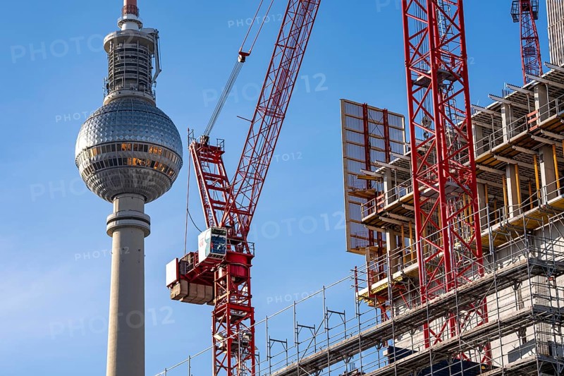 Construction site of the Covivio high-rise building in the vicinity of Alexanderplatz in Berlin, mixed use of apartment, offices, retail and a daycare center, Berlin TV Tower dome, Germany