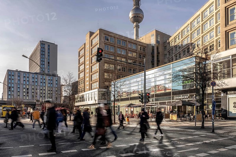 Passers-by on a Grunerstraße pedestrian crossing near Alexander Platz, Berlin Radio Tower, Berlin, Germany