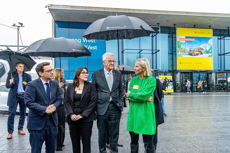 Annual event on the BW Automotive Industry Strategy Dialogue (SDA) in Stuttgart. Karin Rådström (Chief Executive Officer of Daimler Truck Holding AG) and Winfried Kretschmann, (Greens, Minister-President BW) . On the left, Stéphane Séjourné (Executive Vice President of the European Commission and Commissioner for Prosperity and Industrial Strategy) . Automotive industry conference. Stuttgart, Baden-Württemberg, Germany
