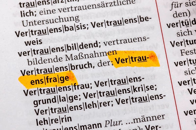 A question of trust, crisis of trust. Term from the Duden. Standard work of German spelling, 29th edition. germany