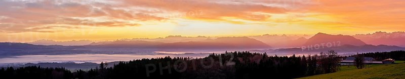 Panorama from Horben with a view of the foggy Reuss Valley, in the background the Alpstein, the Glarner Alps and the Rigi, in the light of dawn, Beinwil-Freiamt, Canton of Aargau, Switzerland