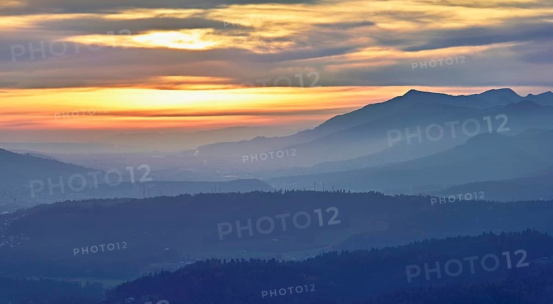 View of the Jura foothills from the Gisliflue, in the light of the setting sun, Talheim, Canton, Aargau, Switzerland