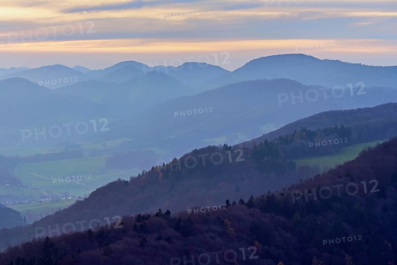 View of the Jura foothills from the Gisliflue, in the light of dusk, Talheim, Canton, Aargau, Switzerland