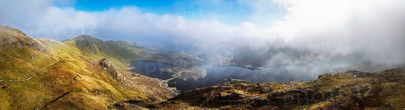 Pyg Track over Llyn Llydaw lake from a drone, Pen-y-Pass, mountain pass, Snowdonia, Gwynedd, north-west Wales, UK