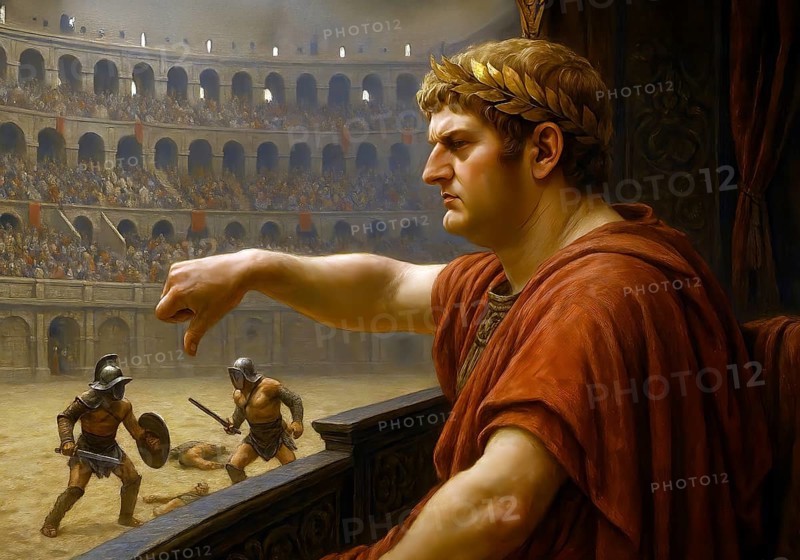 The Roman Emperor Nero lowers his thumbs in the ancient arena in which gladiator battles take place, symbolic image of Empire, Roman Empire, Colosseum, Antiquity, History, Historical, AI generated, AI generated