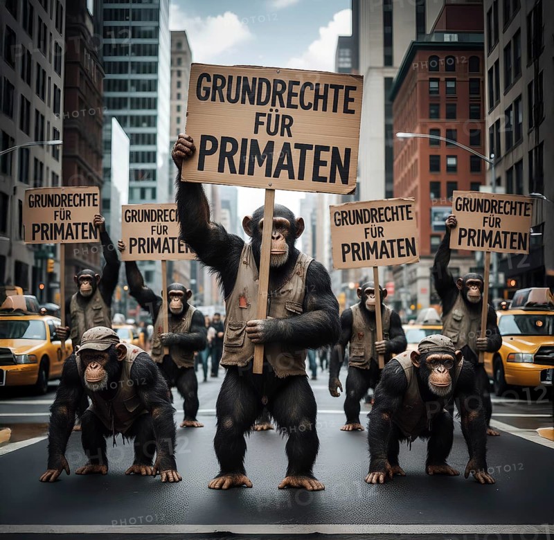 A group of chimpanzees demonstrates and demands basic rights for primates, symbolic image law, human right, animal right, protest, demonstration, appeal, law, justice, AI generated, AI generated