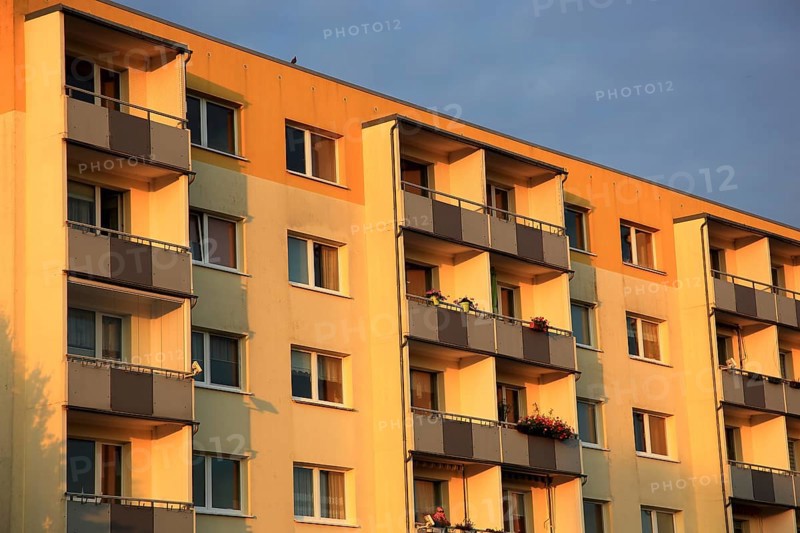 Rental apartments of the Weimar housing cooperative, prefabricated building, balconies, renovated, living space, Mecklenburg-Western Pomerania, Germany