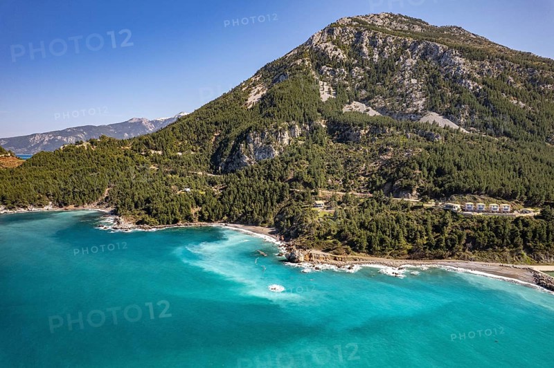Landscape, coast and beach near the village of Pili or Pelio seen from the air, Euboea or Evia island, Greece