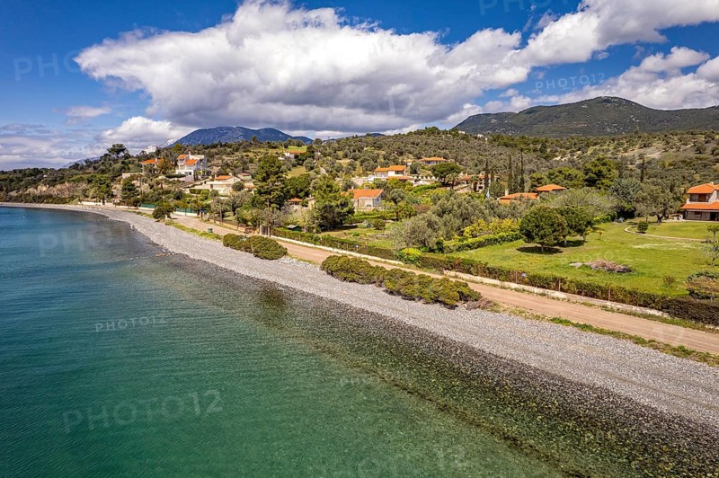 Landscape and beach near Politika on the island of Euboea or Evia seen from the air, Greece