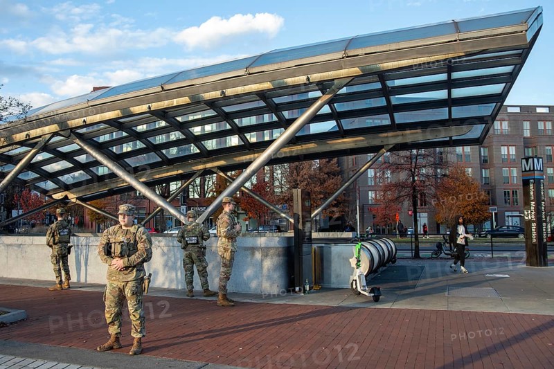 Washington, DC USA - 26 Novemer 2025 - Ohio National Guardsmen protect the Eastern Market Metro station on Capitol Hill shortly after two West Virginia guardsmen were shot near the White House