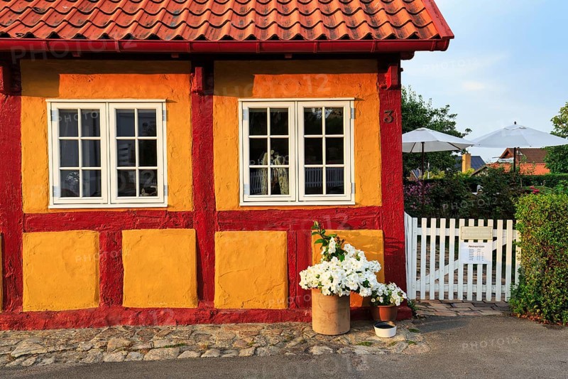 Typical colorful half-timbered house, Gudhjem, Bornholm, Baltic Sea, Denmark