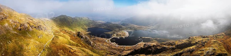 Pyg Track over Llyn Llydaw lake from a drone, Pen-y-Pass, mountain pass, Snowdonia, Gwynedd, north-west Wales, UK