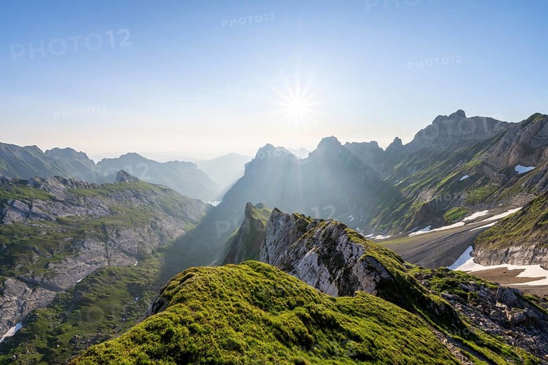 View over Alpstein Mountains into the Meglisalp Valley at sunrise, Rotstein Pass, Säntis, Appenzell, Switzerland