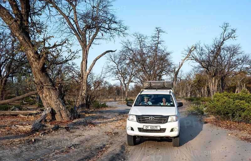 Safari car on a dust road, Moremi Game Reserve, Botswana